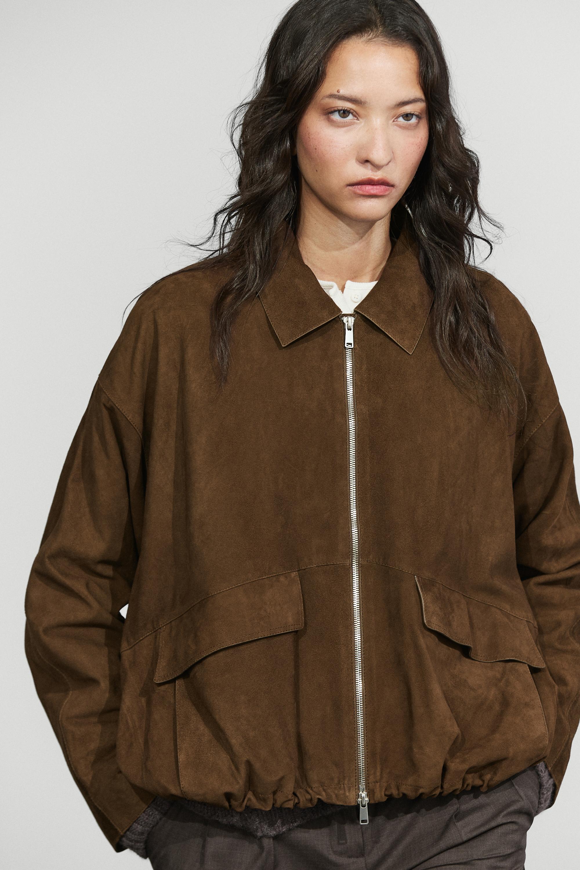 Blouson bomber oversize en cuir et daim