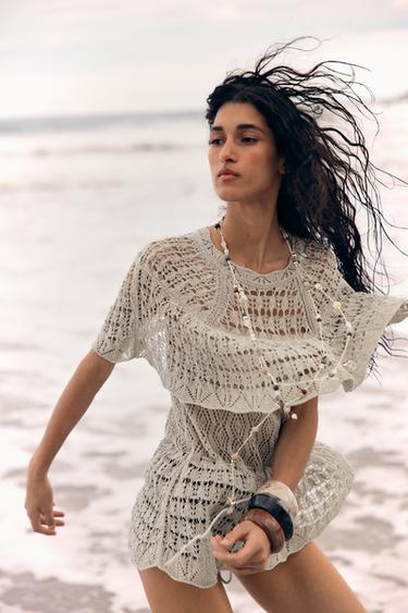 POINTELLE KNIT TOP WITH RUFFLE - Grey by Zara