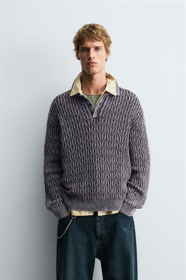 Zara GEOMETRIC JACQUARD KNIT POLO SHIRT - Lilac