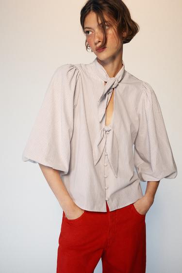BLUSA RAYAS LAZOS - marron/blanco de Zara