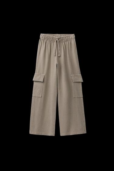 Zara WASHED EFFECT WIDE LEG CARGO PANTS - Mid-camel