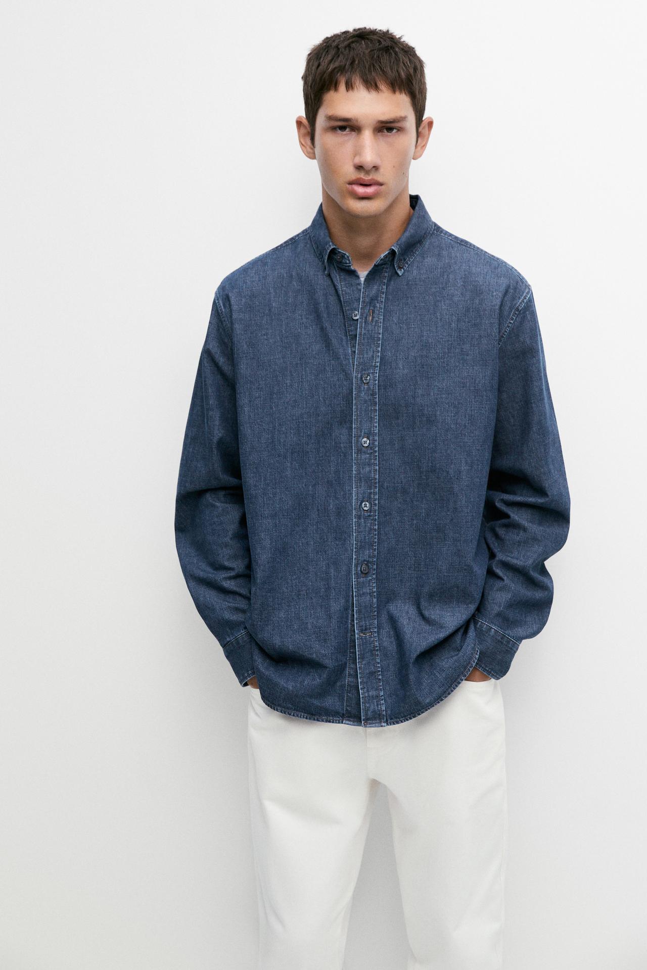 100% Cotton Regular Fit Denim Shirt — Mid-blue