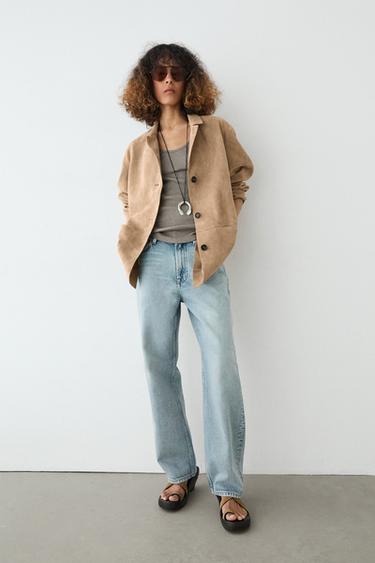 Zara 100% suede leather blazer with pocket details - Sand