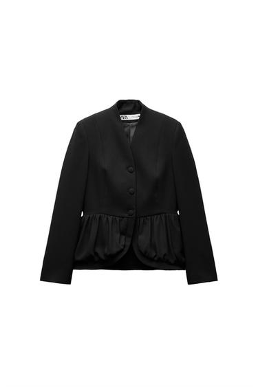 Front view of a black button-up jacket with a gathered waist.