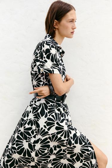 PRINTED POPLIN MIDI DRESS WITH BELT - Black / White by Zara - Image 2