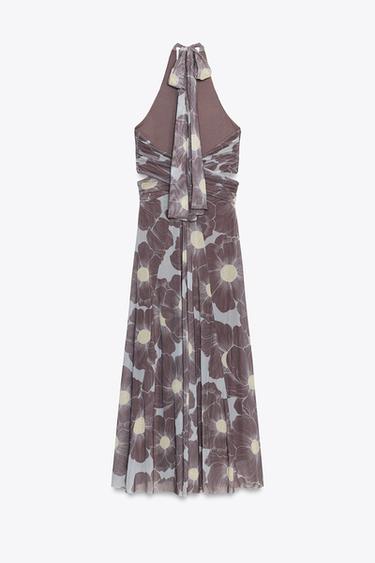 CUT-OUT PRINTED TULLE LONG DRESS - Taupe grey by Zara - Image 6
