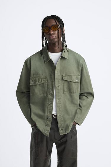 КУРТКА-РУБАШКА ИЗ ТКАНИ С ЭФФЕКТОМ ПОТЕРТОСТИ — СВЕТЛЫЙ ХАКИ от Zara — изображение 0