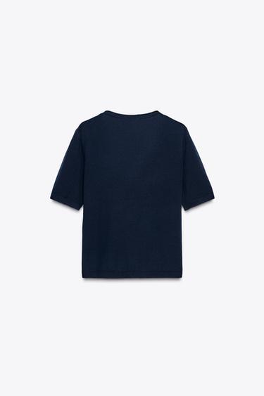 100% EXTRAFINE WOOL SHORT SLEEVE CARDIGAN - Navy blue by Zara - Image 6