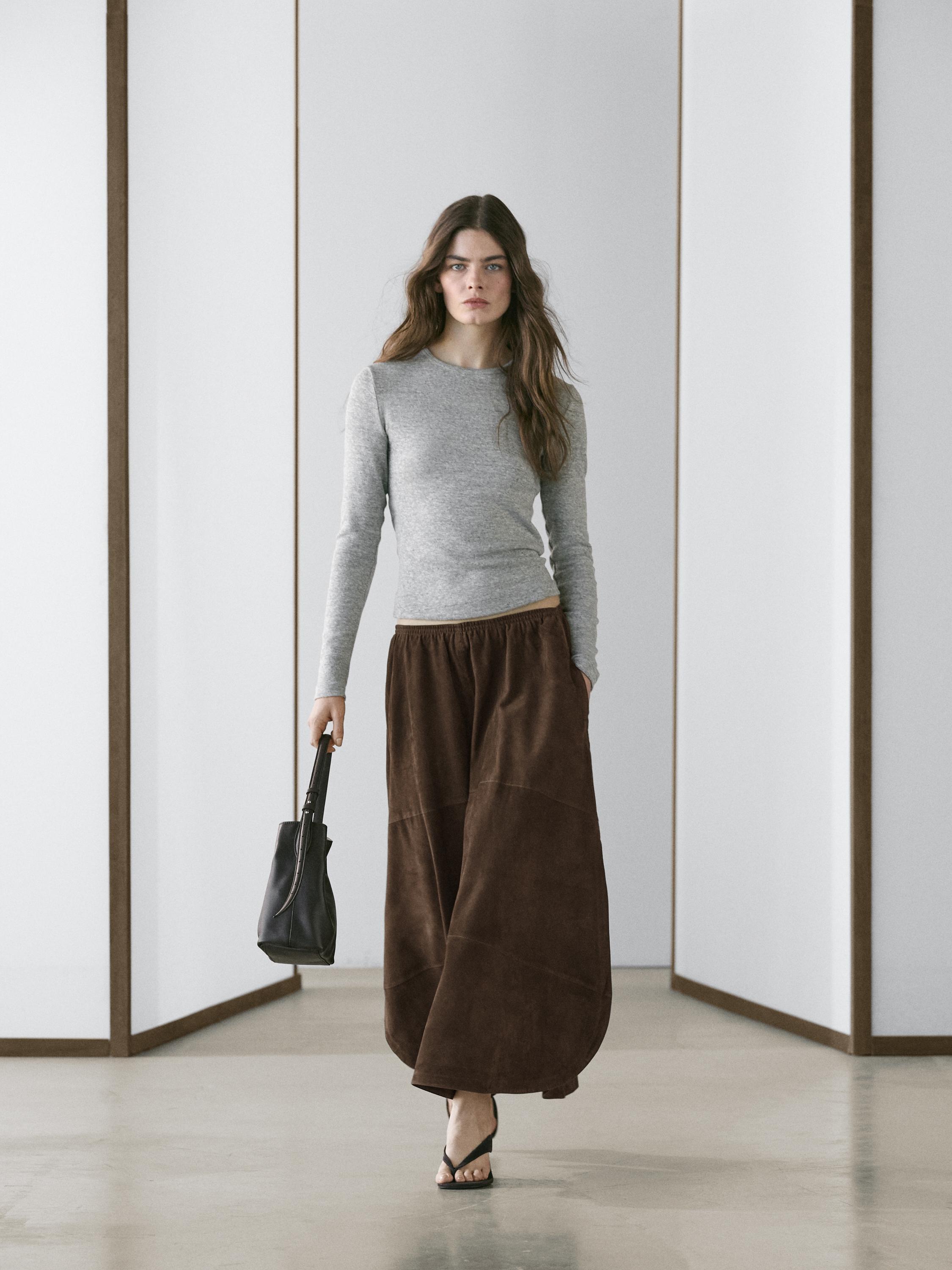 Suede leather midi skirt