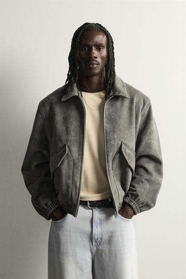 WASHED FAUX SUEDE JACKET — Anthracite grey 1