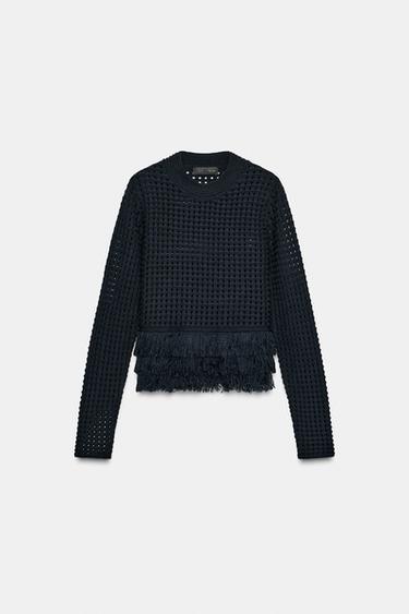 チェック柄フリンジニットセーターネイビーブルーZaraのチェック柄フリンジニットセーター - ネイビーブルー