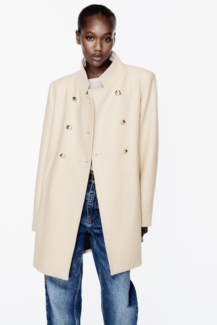 DOUBLE BREASTED HIGH COLLAR WOOL BLEND COAT - Sand | ZARA United States