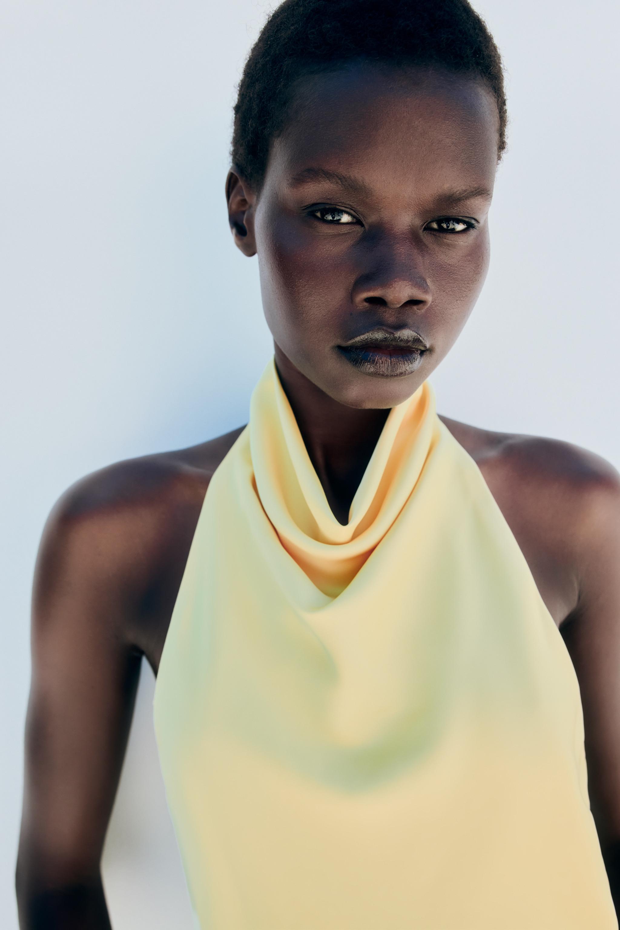 SATIN HALTER TOP — Light yellow