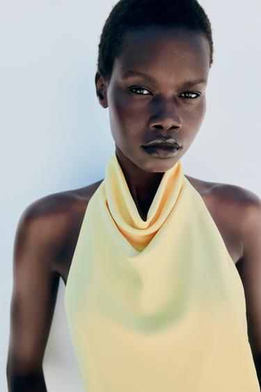 SATIN HALTER TOP — Light yellow 1