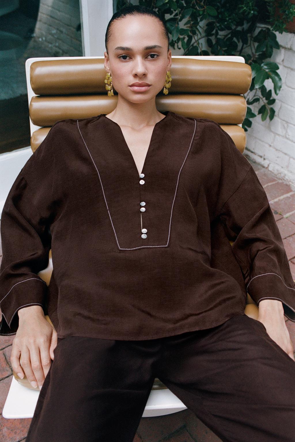 LINEN BLEND SHIRT WITH CONTRAST STITCHING
