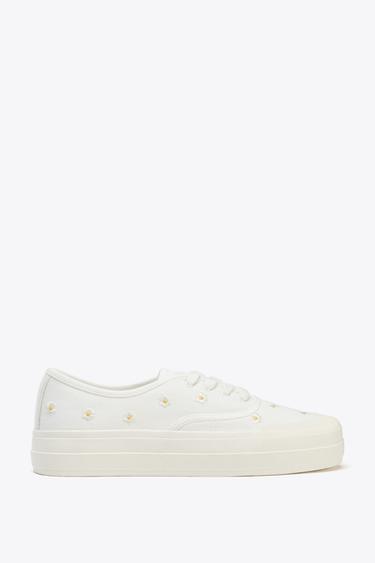 BASKETS BRODÉES FLEURS - Blanc de Zara