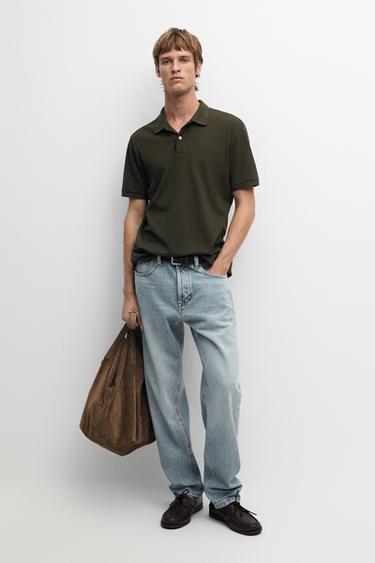 Zara Micro-textured cotton piqué polo shirt - Mint Green - Image 0