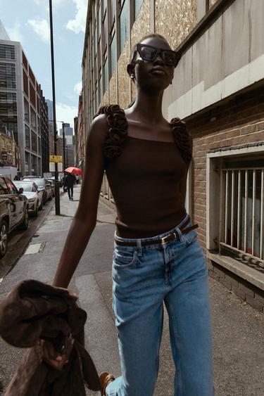 KNIT TOP WITH FLORAL STRAPS - Brown by Zara