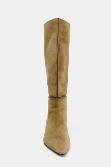 STITCHED SPLIT SUEDE BOOTS - Khaki Green by Zara - Image 4