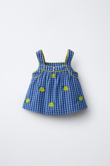 TOP À CARREAUX VICHY ET CITRONS BRODÉS CASA LAWA X ZARA KIDS - Bleu roi de Zara - Image 1