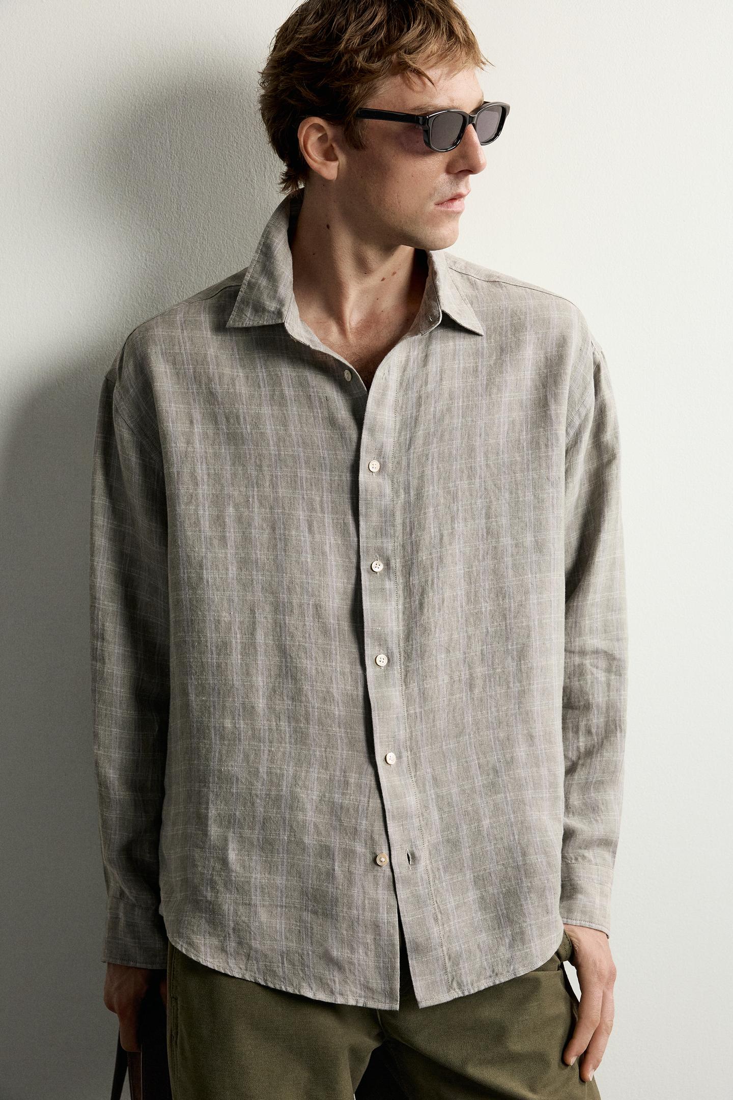 Мужская рубашка Zara 100% Linen Checked, цвет: Серый зелёный — фото 5