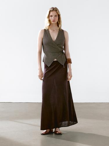 Zara 100% linen long flounce skirt - Eggplant
