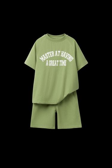 SLOGAN PRINT T-SHIRT AND BERMUDA SHORTS SET - Light green by Zara - Image 0