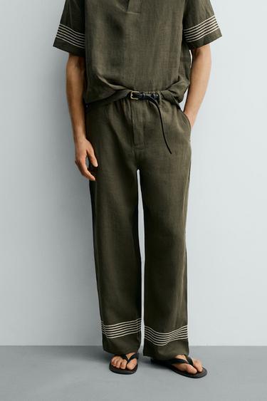 100% LINEN RELAXED FIT TROUSERS - Dark khaki by Zara