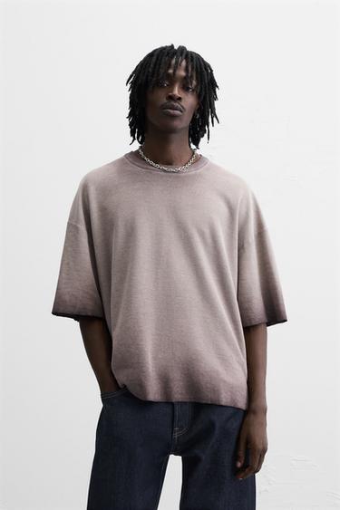 Zara SPRAY PRINT KNIT T-SHIRT - Wine
