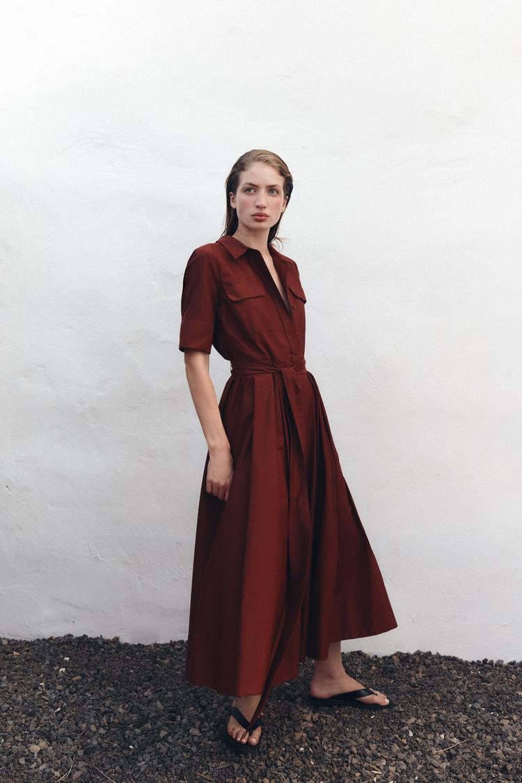 ZW COLLECTION POPLIN SHIRT DRESS Maroon ZARA Australia