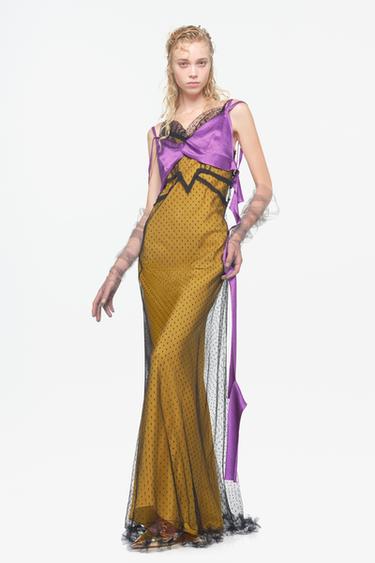 Zara Re{form} look with an ochre slip dress, sheer black polka-dot overlay, purple ties and long gloves.