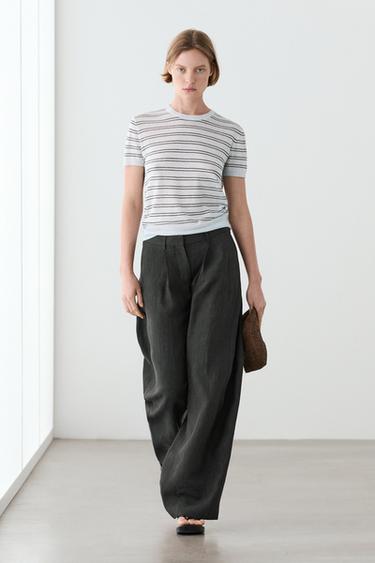 Pantalón melange pieza lateral lino - Verde / Azul de Zara - Imagen 0