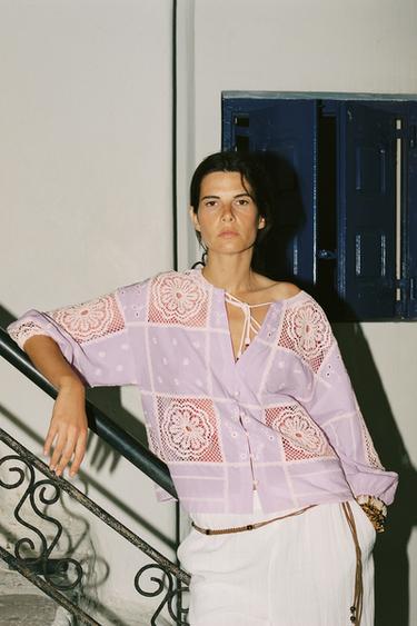 Zara CROCHET COMBINATION SHIRT - Lilac / White