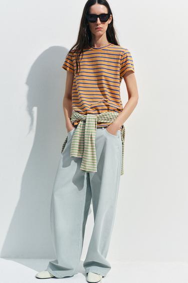 STRIPED COTTON AND LINEN T-SHIRT - Orange by Zara
