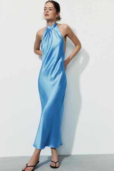 Zara SATIN HALTER MIDI DRESS - Blue