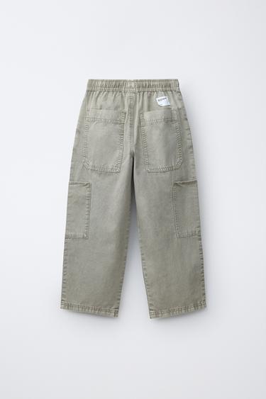 PANTALON BAGGY EFFET DÉLAVÉ EN COTON ET LIN - Gris taupe de Zara - Image 1