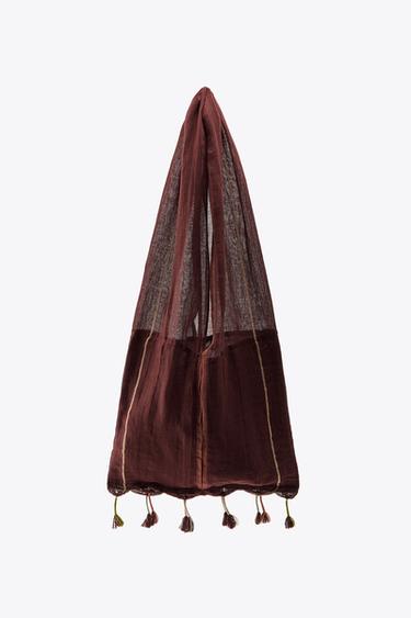 Zara LINEN SCARF BAG WITH FRINGES - Brown