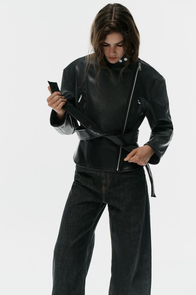 FAUX LEATHER BELTED BIKER JACKET — Black