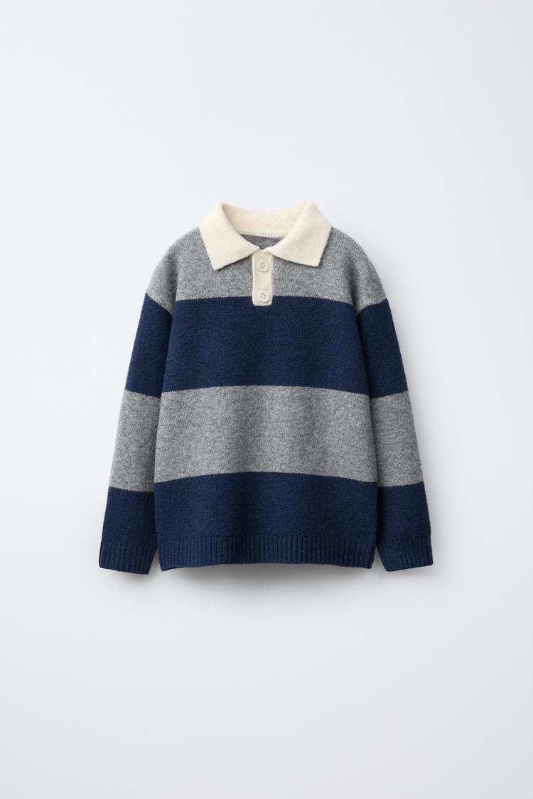 STRIPED KNIT POLO SWEATER Grey Blue ZARA India
