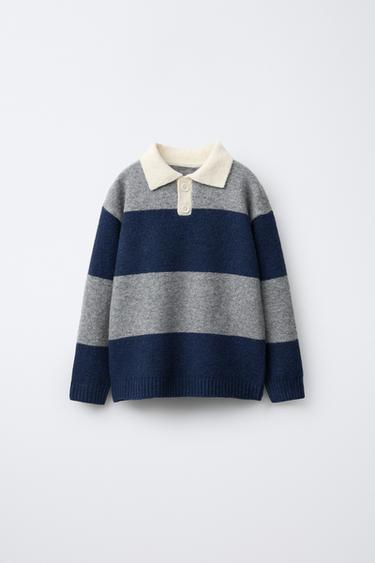 STRIPED KNIT POLO SWEATER - Grey / Blue by Zara - Image 0