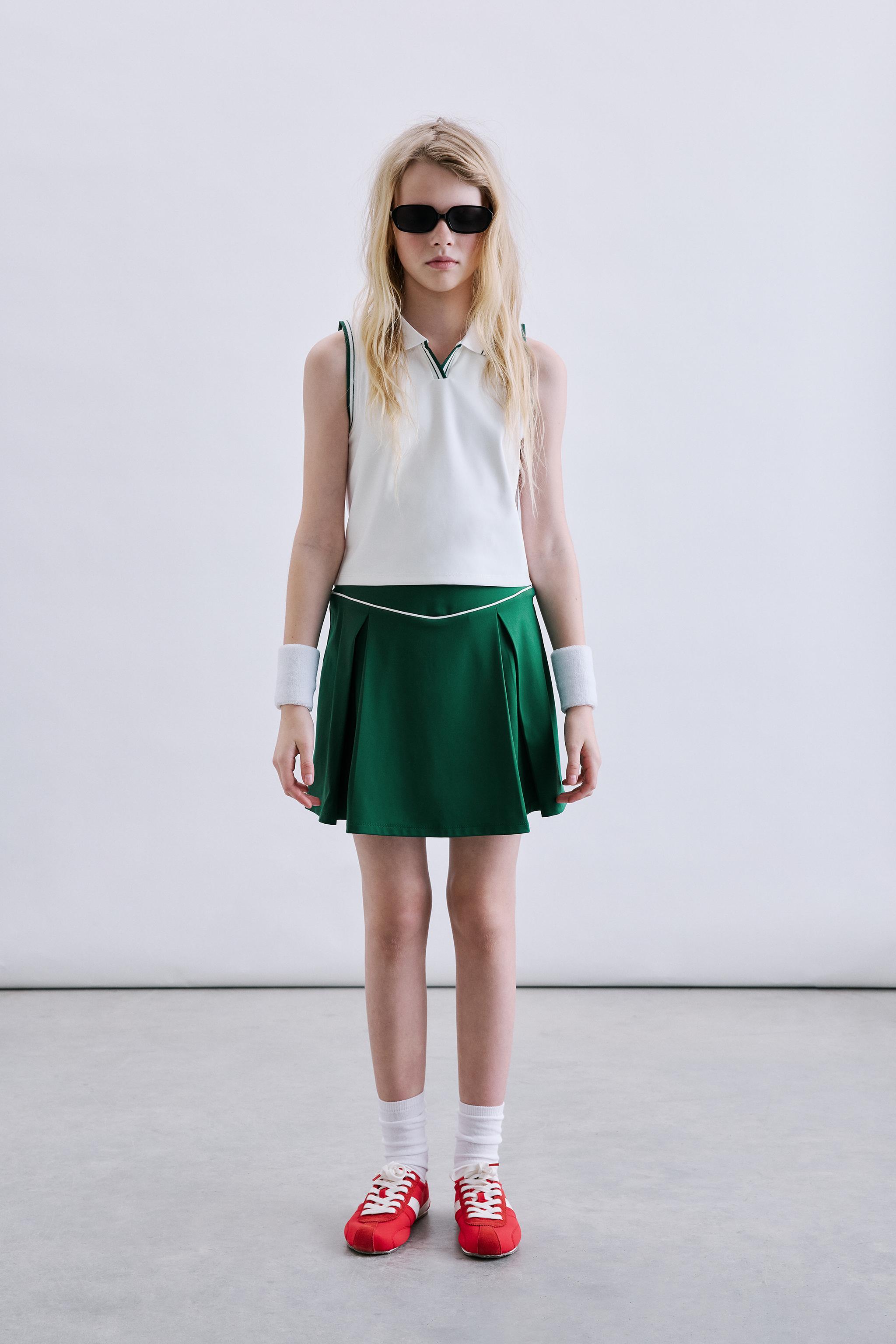 CONTRAST PIPING BOX PLEAT SKIRT — Mid-green