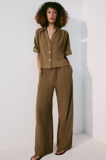 Zara TEXTURED TROUSERS WITH BEADED TIE - Mid khaki