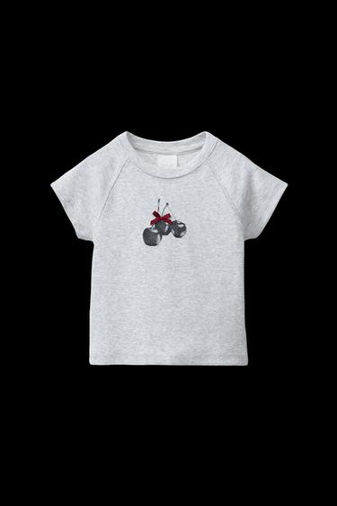 T-SHIRT MIT RIPPENMUSTER UND KIRSCHPRINT - Grau meliert von Zara - Bild 0