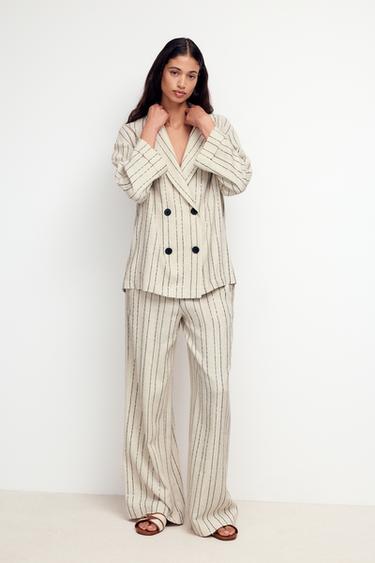 PANTALON RAYÉ À SEQUINS - Beige clair de Zara