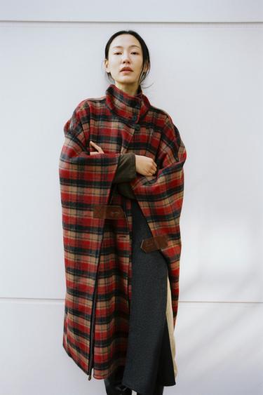 ZW 컬렉션 limited edition 울 체크 케이프 - Zara 버건디/크림