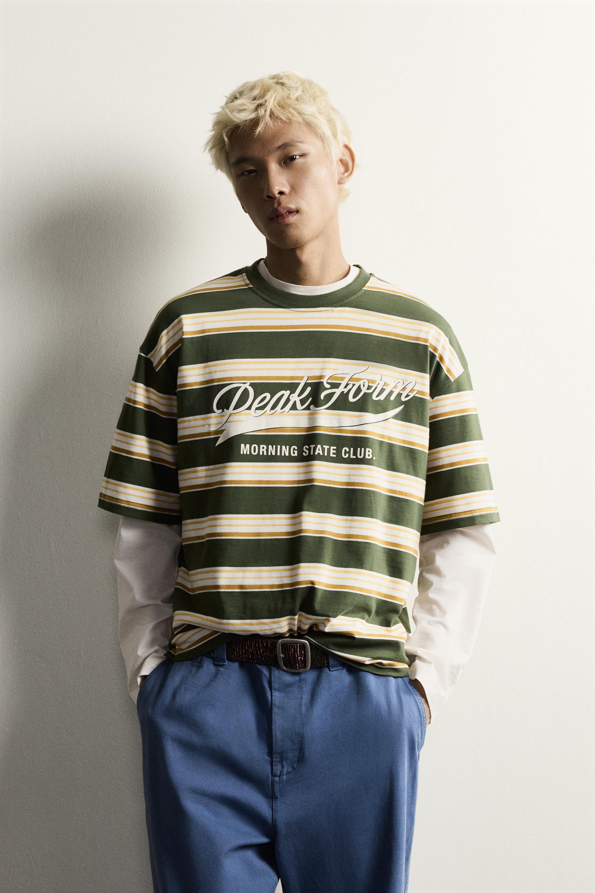 RELAXED FIT STRIPED TEXT T-SHIRT — Green stripe