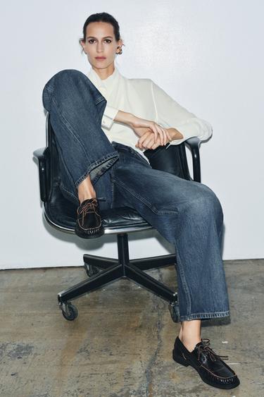 Zara LEATHER FLAT BOAT SHOES - Black