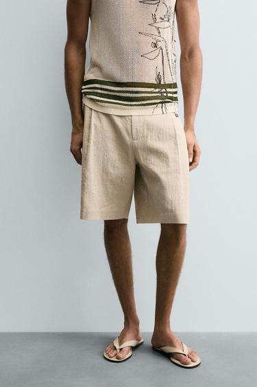 Zara COTTON - LINEN BELTED SHORTS - Light beige