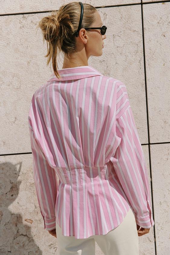 PLEATED STRIPED SHIRT - Pink / White by Zara - Image 5