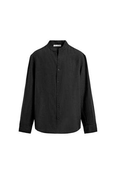 Black long-sleeve shirt with a mandarin collar and front buttons against a white background.